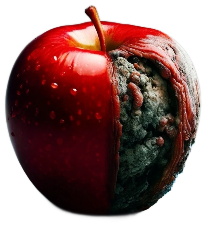 A red apple, flawless on one side, rotten to the core on the other — the cover motif of DWARF EIGHT